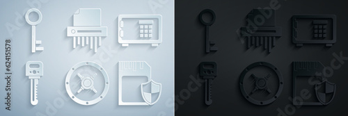 Set Safe, Key, SD card and shield, Paper shredder confidential and icon. Vector