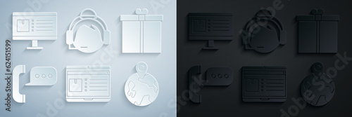 Set Laptop with app delivery tracking, Gift box, Telephone speech bubble chat, Worldwide, Support operator touch and Computer monitor icon. Vector