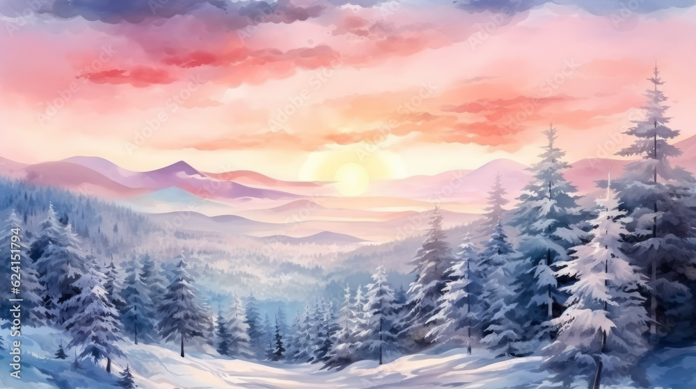 Winter landscape wallpaper with pine forest covered with snow and scenic sky at sunset, watercolor 