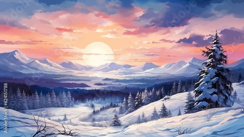 Winter landscape wallpaper with pine forest covered with snow and scenic sky at sunset, watercolor  © fotogurmespb