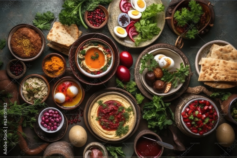 Overhead image of traditional jewish and middle eastern food: falafel, fattoush, tabouli, shakshuka, balila, hummus, roasted eggplants and spicy beetroot dip. Israeli cuisine concept. generated by AI