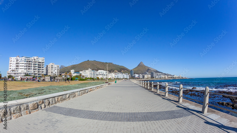 Cape Town Atlantic Ocean Coastline Walking Promenade Sea Point Buildings Lions Head Landscape.