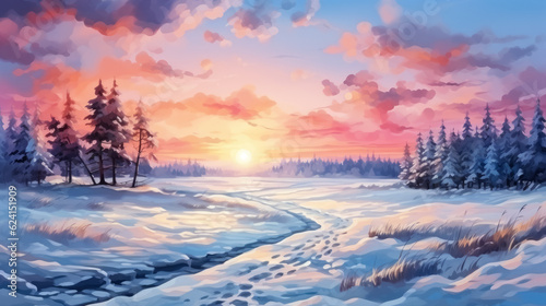 Winter landscape wallpaper with pine forest covered with snow and scenic sky at sunset, watercolor , background