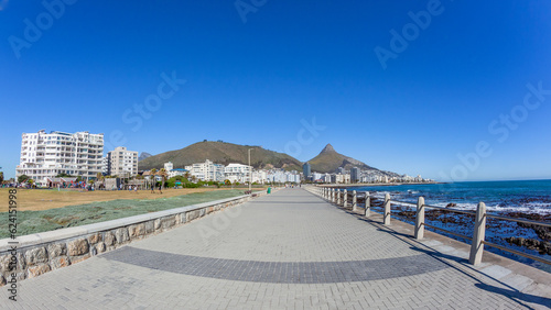 Cape Town Atlantic Ocean Coastline Walking Promenade Sea Point Buildings Lions Head Landscape. photo