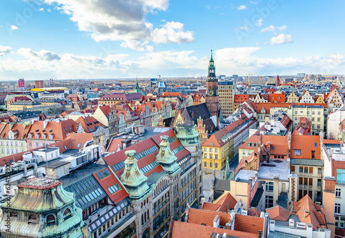 aerial street view of Wroclaw from Bridge of Penitents, Wrocław, Poland 