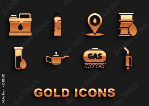 Set Canister for motor machine oil, Barrel, Gasoline pump nozzle, railway cistern, Oil petrol test tube, Refill fuel location, and Industrial gas cylinder tank icon. Vector