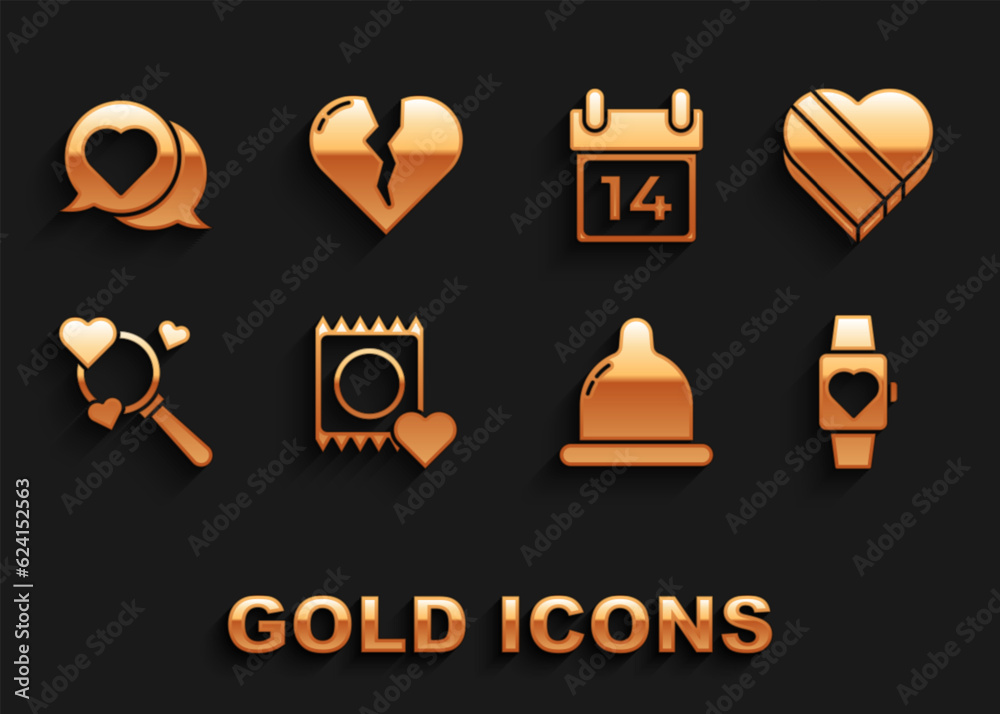 Set Condom in package, Candy heart shaped box, Heart the center wrist watch, Search love, Calendar with February 14, speech bubble and Broken or divorce icon. Vector Set Condom in package, Candy heart shaped box, Heart the center wrist watch, Search love, Calendar with February 14, speech bubble and Broken or divorce icon. Vector