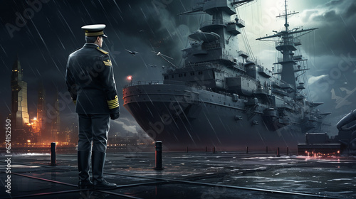 Print op canvas naval admiral stands on the pier in front of a warship