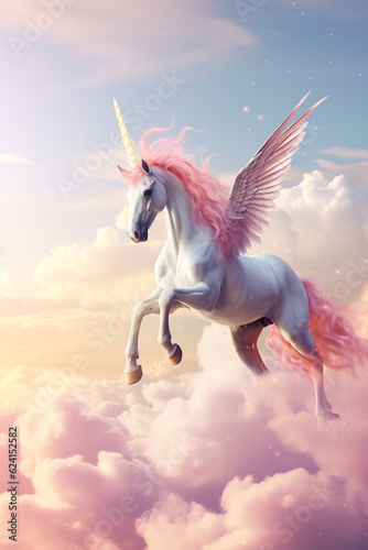 Unicorn flying in the sky. Fantasy background. 
