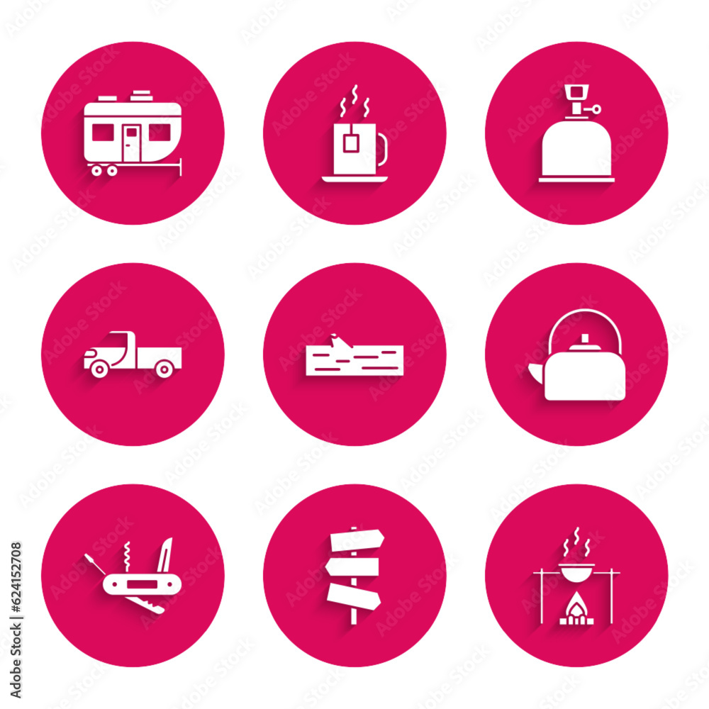 Set Wooden log, Road traffic signpost, Campfire and pot, Kettle with handle, Swiss army knife, Pickup truck, Camping gas stove and Rv trailer icon. Vector Set Wooden log, Road traffic signpost, Campfire and pot, Kettle with handle, Swiss army knife, Pickup truck, Camping gas stove and Rv trailer icon. Vector