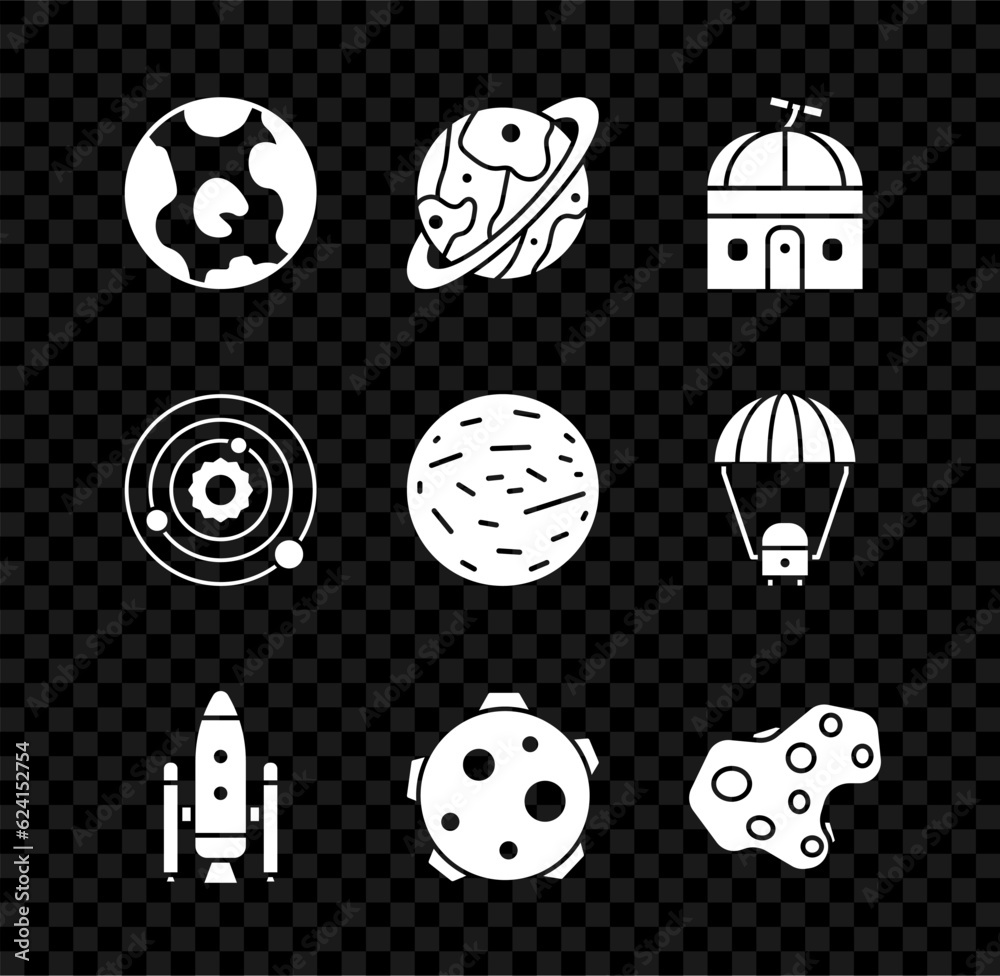 Set Earth globe, Planet Saturn, Astronomical observatory, Space shuttle and rockets, Asteroid, Solar system and Venus icon. Vector Set Earth globe, Planet Saturn, Astronomical observatory, Space shuttle and rockets, Asteroid, Solar system and Venus icon. Vector