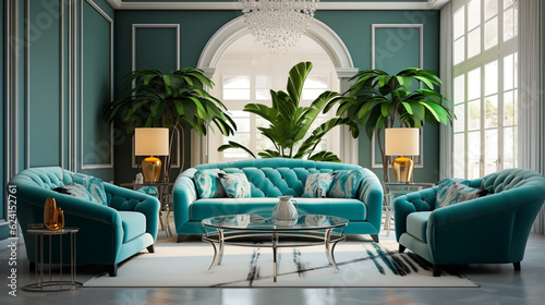 Turquoise sofas in luxury room. Art deco style interior design of modern living room.ai generative