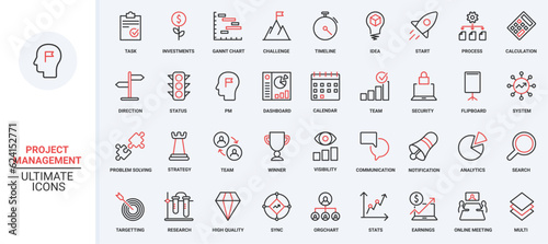 Vector illustration of trendy red black thin line icons set creative business strategy project management, idea plan startup launch, success vision, solution problem-solving, finance investment.