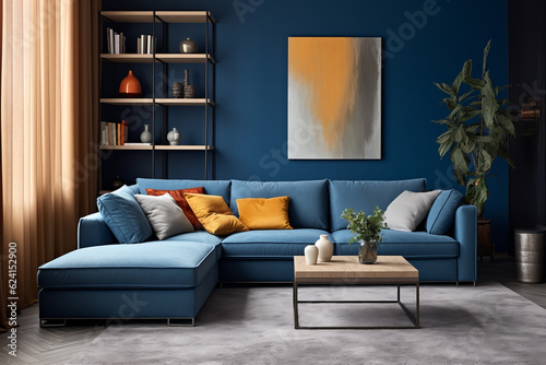 corner sofa in room with dark blue walls. Interior design of modern living room.ai generative © Oleksandr