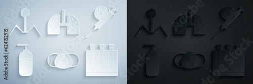 Set Medical protective mask, Syringe and virus, Bottle of liquid antibacterial soap, Blood test, Virus cells lung and Bacteria bacteriophage icon. Vector