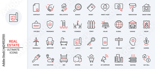 Vector illustration red black thin line icons set real estate, including rent, sale deals, mortgage contract property, family home apartment, garage