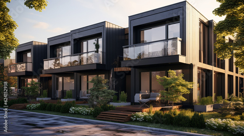 Modern modular private black townhouses. Residential architecture exterior. ai generative