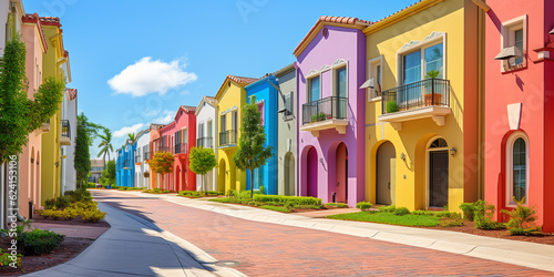 Colorful stucco traditional private townhouses. Residential architecture exterior.ai generative