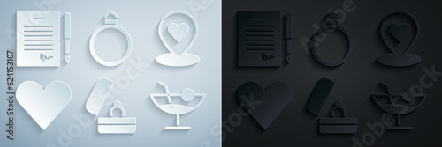 Set Wedding rings, Location with heart, Heart, Cocktail, Diamond engagement and Marriage contract icon. Vector