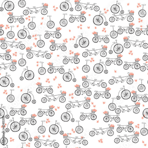 estampado de dibujos de bicicletas, tandems y monociclos, vector de garabatos de bicicletas retro