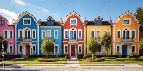Colorful stucco traditional private townhouses. Residential architecture exterior.ai generative