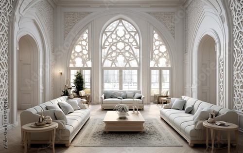 Luxurious oriental interior design of a modern living room with furniture and arched windows. ai generative