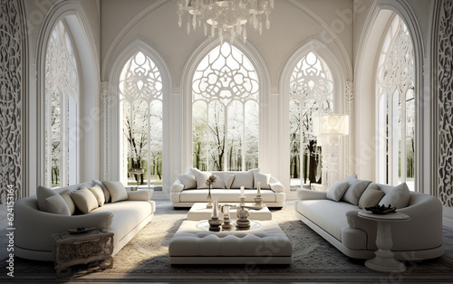 Luxurious oriental interior design of a modern living room with furniture and arched windows. ai generative