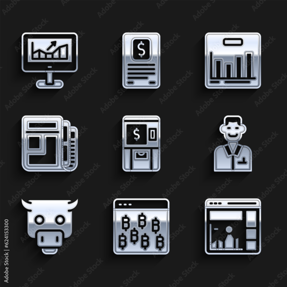 Set ATM and money, Bitcoin in browser, Website with growth graph, Trader, Bull market, Stock news, Pie chart infographic and Computer icon. Vector