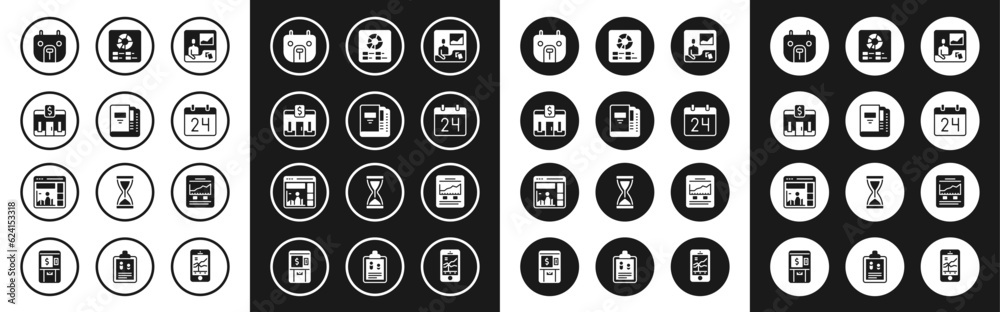 Set Trading courses, Office folders, Bank building, Bear market, Calendar, Pie chart infographic, Website with growth and icon. Vector Set Trading courses, Office folders, Bank building, Bear market, Calendar, Pie chart infographic, Website with growth and icon. Vector