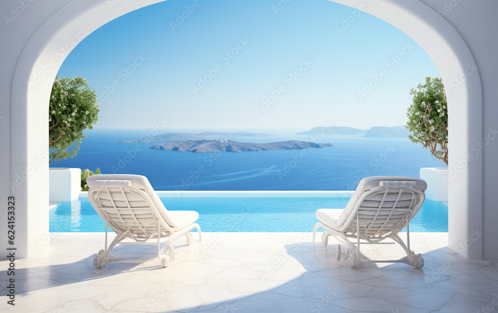 Two deck chairs on terrace with pool with stunning sea view. Traditional mediterranean white architecture with arch. Summer vacation concept.ai generative