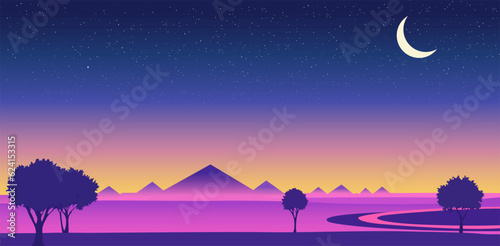 Egyptian Desert Pyramids Night Landscape Starry