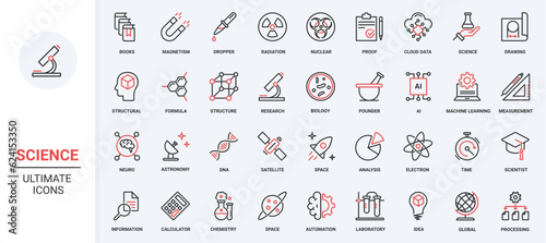 Vector illustration trendy red black thin line icons set science research technology, scientific laboratory equipment symbols, knowledge study chemistry, physics, biology in university, data analysis