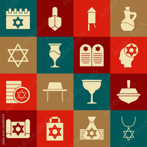 Set Star of David necklace on chain, Hanukkah dreidel, Orthodox jewish hat, Firework rocket, Jewish goblet, calendar and Tombstone with star david icon. Vector