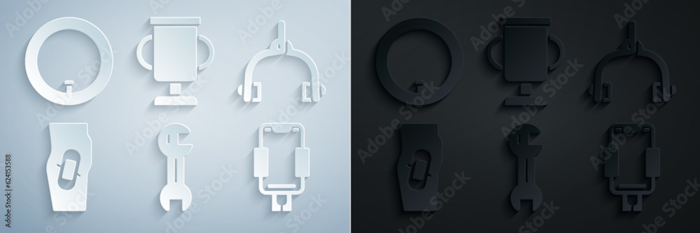 Set Wrench spanner, Bicycle brake calipers, Plaster on leg, Mobile holder, Award cup with bicycle and wheel icon. Vector Set Wrench spanner, Bicycle brake calipers, Plaster on leg, Mobile holder, Award cup with bicycle and wheel icon. Vector