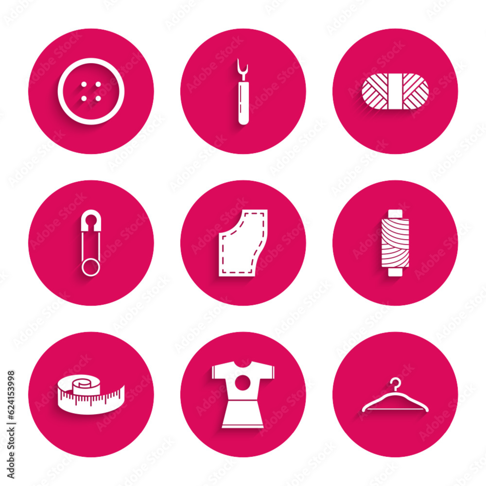 Set Sewing Pattern, Woman dress, Hanger wardrobe, thread on spool, Tape measure, Classic closed steel safety pin, and button for clothes icon. Vector Set Sewing Pattern, Woman dress, Hanger wardrobe, thread on spool, Tape measure, Classic closed steel safety pin, and button for clothes icon. Vector