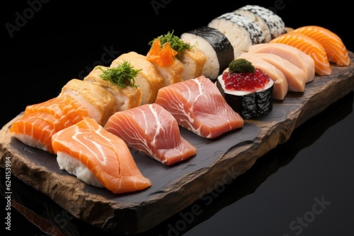 sushi and rolls on a wooden plate