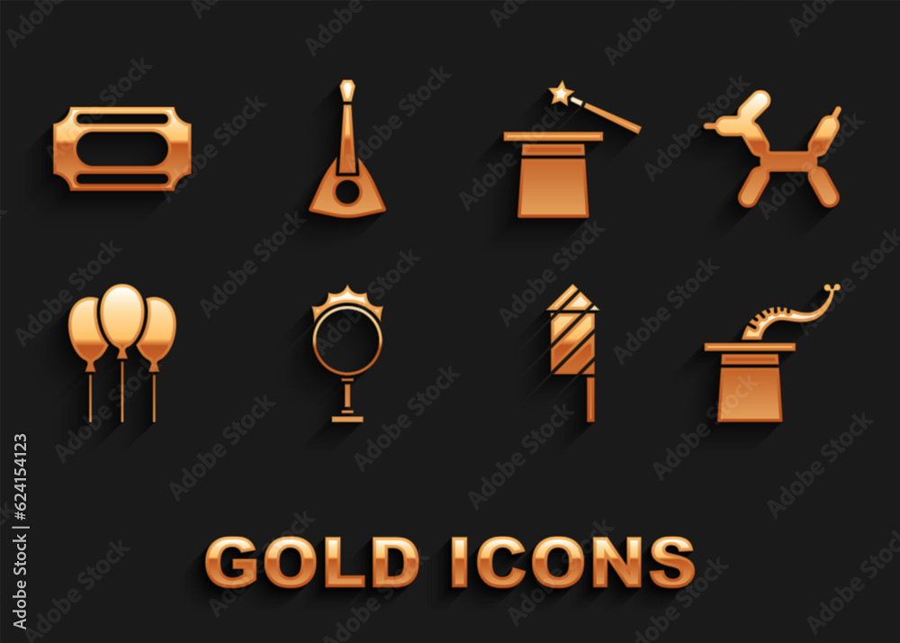 Set Circus fire hoop, Balloon dog, Magician hat, Firework rocket, Balloons with ribbon, and wand, ticket and Balalaika icon. Vector Set Circus fire hoop, Balloon dog, Magician hat, Firework rocket, Balloons with ribbon, and wand, ticket and Balalaika icon. Vector