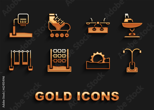 Set Tic tac toe game, Swing boat, Street light, Ferris wheel, Double swing, Seesaw, Basketball backboard and Roller skate icon. Vector