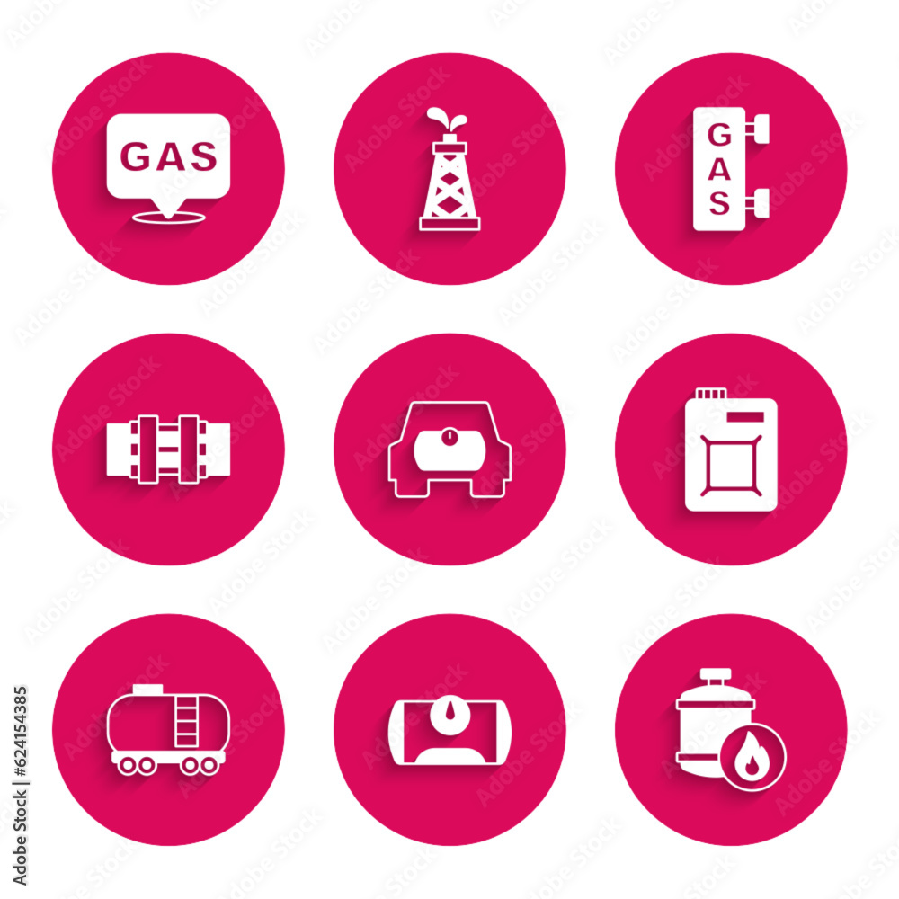 Set Gas tank for vehicle, Propane gas, Canister motor oil, Oil railway cistern, Metallic pipes and valve, filling station and Location icon. Vector Set Gas tank for vehicle, Propane gas, Canister motor oil, Oil railway cistern, Metallic pipes and valve, filling station and Location icon. Vector