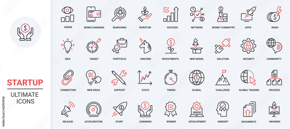 Vetor de Startup technology trendy red black thin line icons set vector ...
