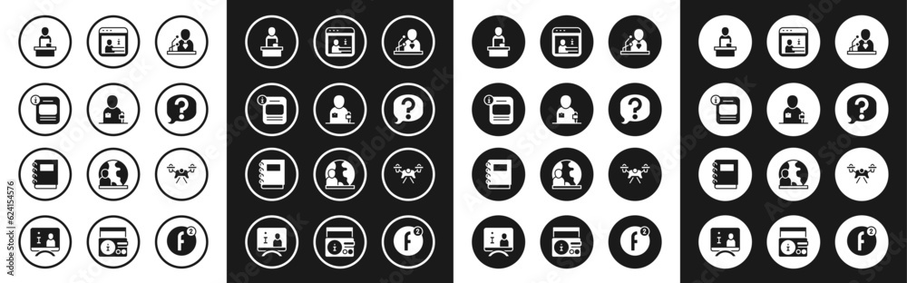 Set Breaking news, Journalist, Information, Speech bubble chat, Drone and Notebook icon. Vector Set Breaking news, Journalist, Information, Speech bubble chat, Drone and Notebook icon. Vector