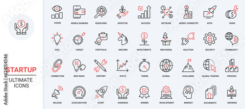 Startup technology trendy red black thin line icons set vector illustration, success ideas finance project development, vision solution trading, statistics graph growth, banking security support