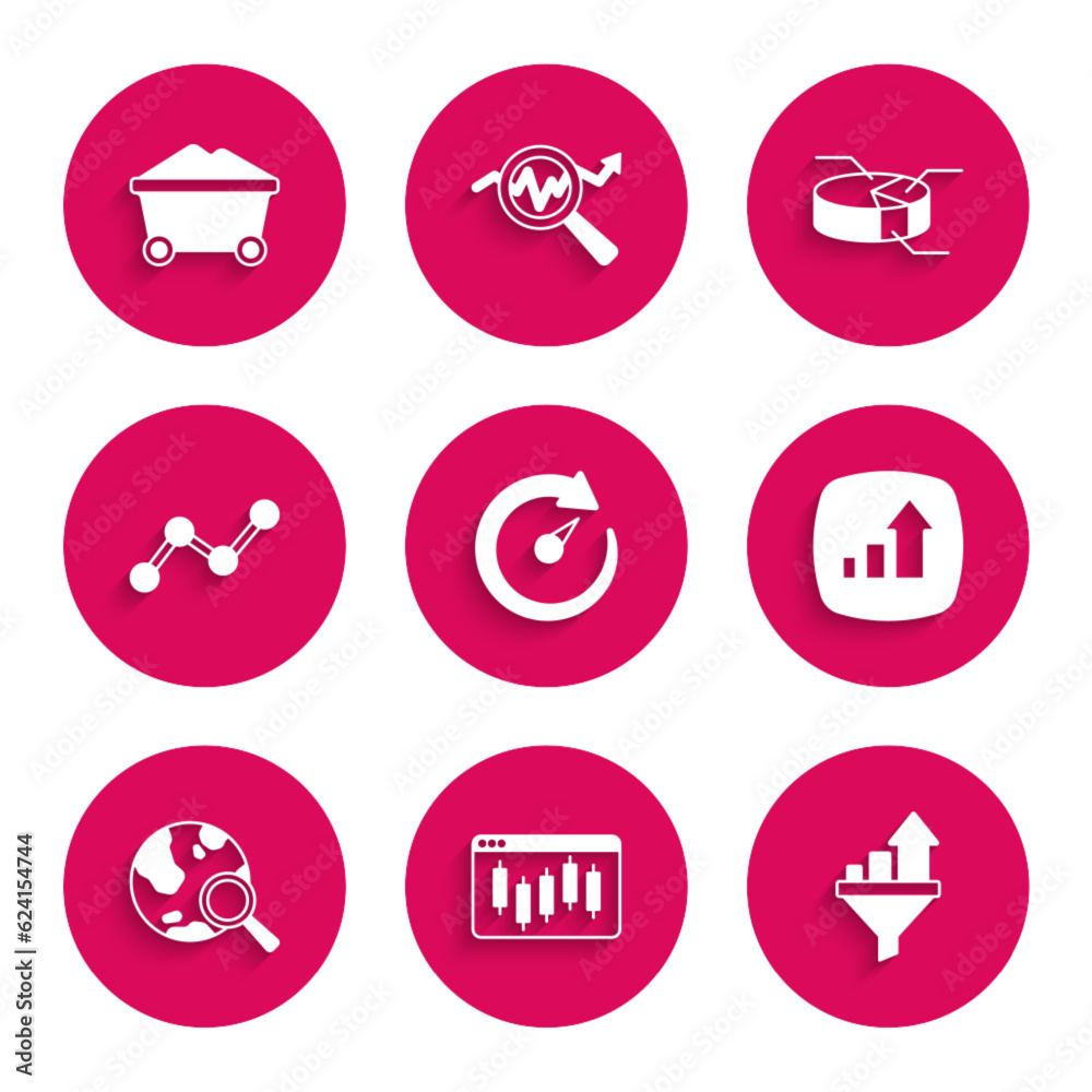Set Digital speed meter, Browser with stocks market, Sales funnel chart, Financial growth, Search globe, Graph infographic, Pie and Coal mine trolley icon. Vector Set Digital speed meter, Browser with stocks market, Sales funnel chart, Financial growth, Search globe, Graph infographic, Pie and Coal mine trolley icon. Vector