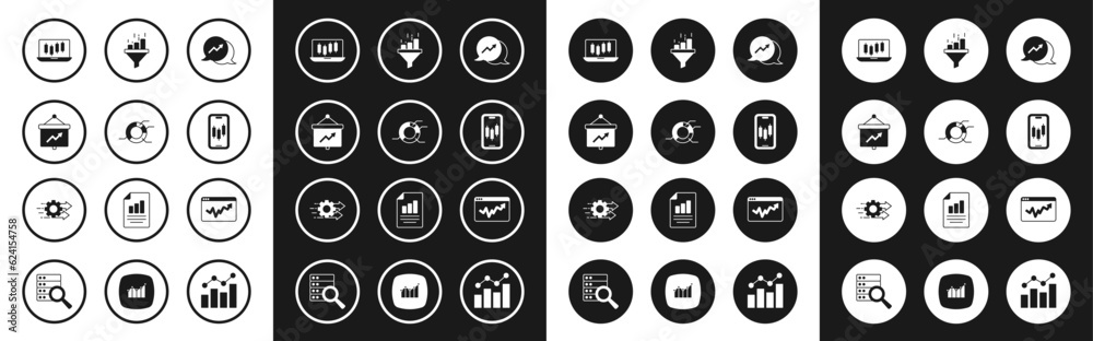 Set Financial growth, Pie chart infographic, Board with, Stocks market graphs, Mobile stock trading, Sales funnel, Graph and Time management icon. Vector Set Financial growth, Pie chart infographic, Board with, Stocks market graphs, Mobile stock trading, Sales funnel, Graph and Time management icon. Vector