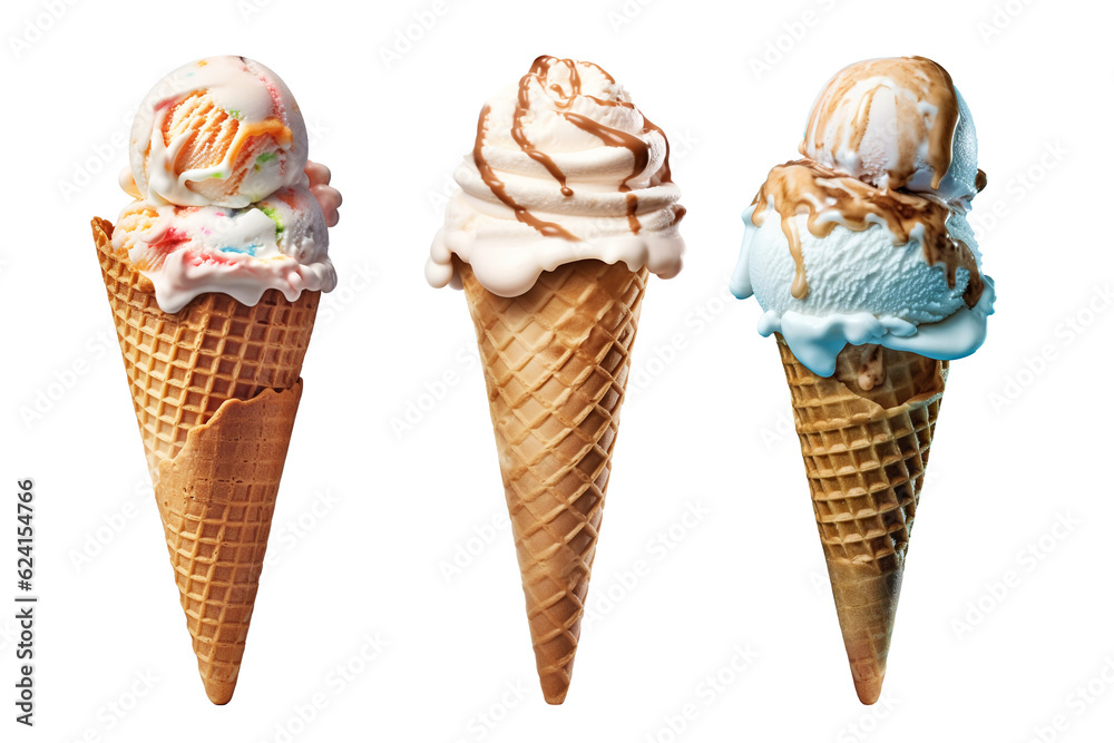 Set of delicious ice cream in waffle cone. Generative ai