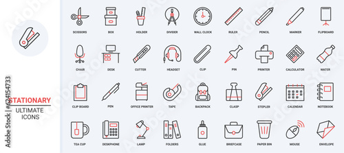 Scissors, marker and pencil in holder and box, paper document on flipboard or clipboard. Office and school supplies, stationary and equipment trendy red black thin line icons set vector illustration.