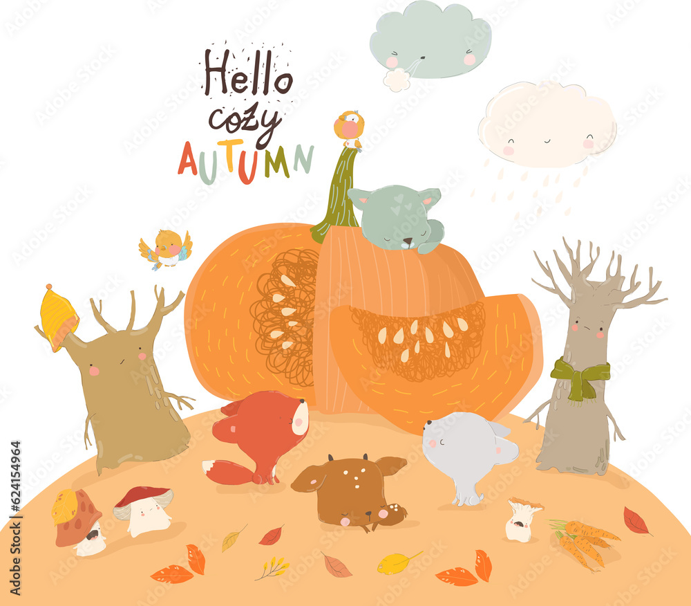 Cartoon Funny Animals with Big Pumpkin in Autumn Forest. Vector Illustration Cartoon Funny Animals with Big Pumpkin in Autumn Forest. Vector Illustration