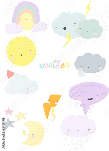 Cute Weather Set. Emotional Weather Forecast. Cute Sun and Happy Clouds. Vector Set