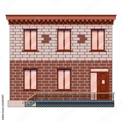 building facade in the city center, dark brick, windows, vector drawing