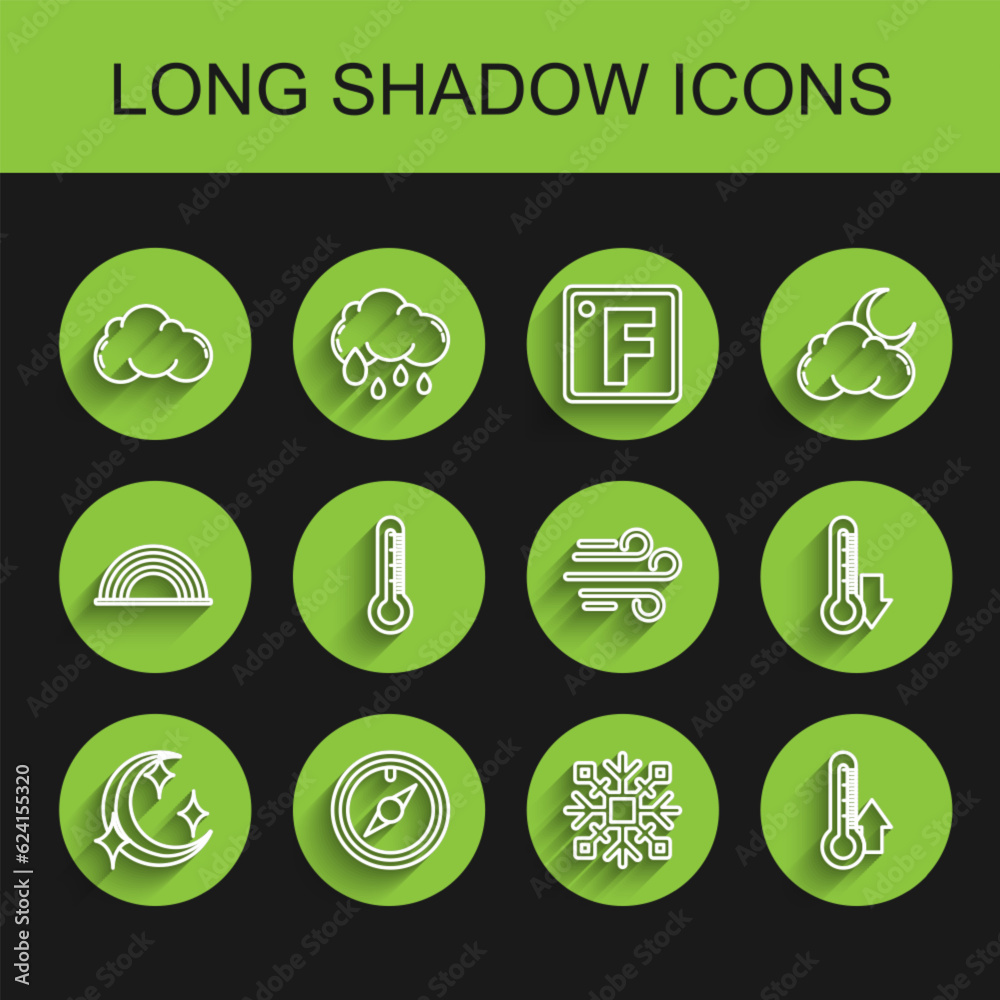 Set line Moon and stars, Wind rose, Cloud, Snowflake, Thermometer, and icon. Vector Set line Moon and stars, Wind rose, Cloud, Snowflake, Thermometer, and icon. Vector